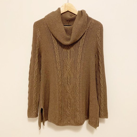 Jeanne Pierre Long Sleeve Cowl Neck Cable Knit Sweater Brown Small - Picture 2 of 7